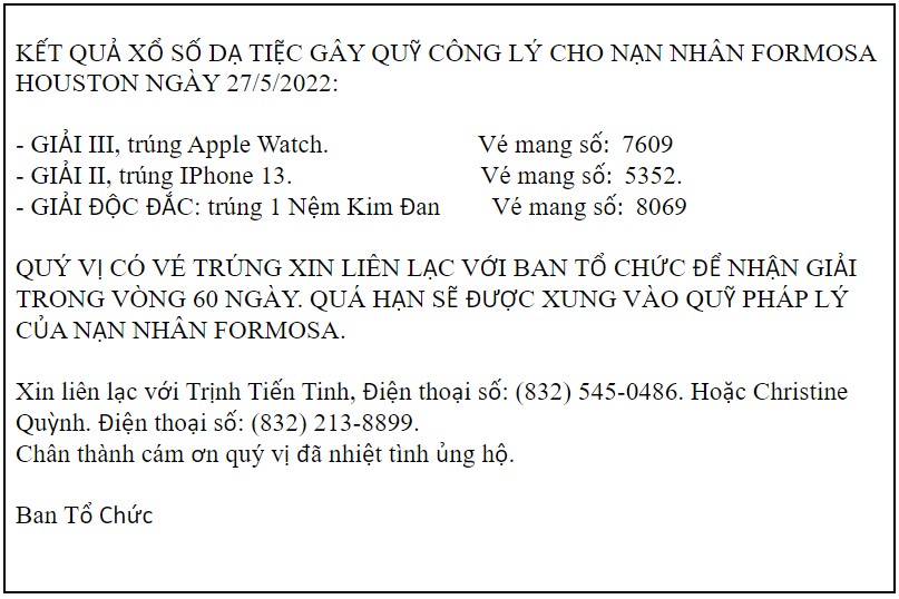 Kết Quả Số Số Buổi Gây Quỹ Cho Nạn Nhân Formosa ở Houston 2022