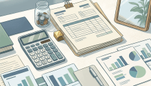Annual report documents with charts, calculator, coins, and pen