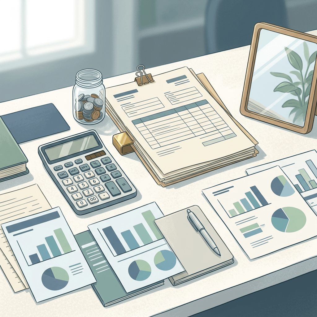 Annual report documents with charts, calculator, coins, and pen